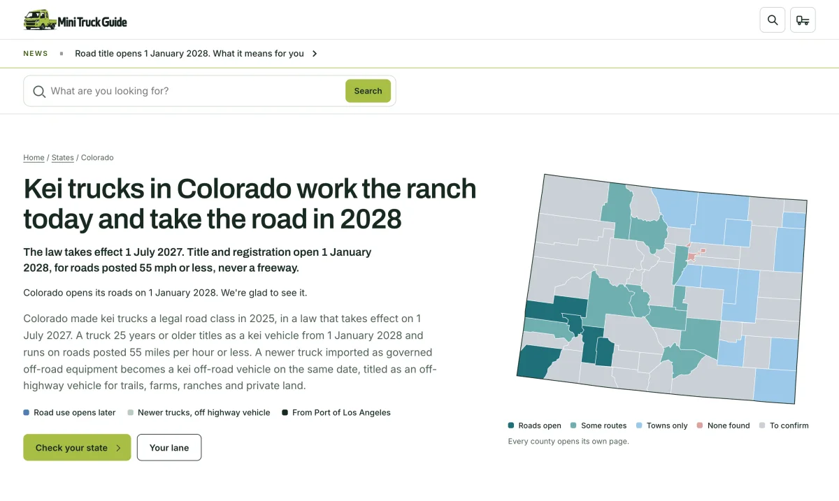 Mini Truck Guide's Colorado page on a desktop screen, with the state's road answer and its counties drawn by their rules