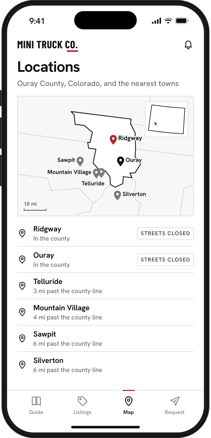 A phone showing a map of Ouray County, Colorado, with Ridgway, Ouray and the nearest towns past the county line
